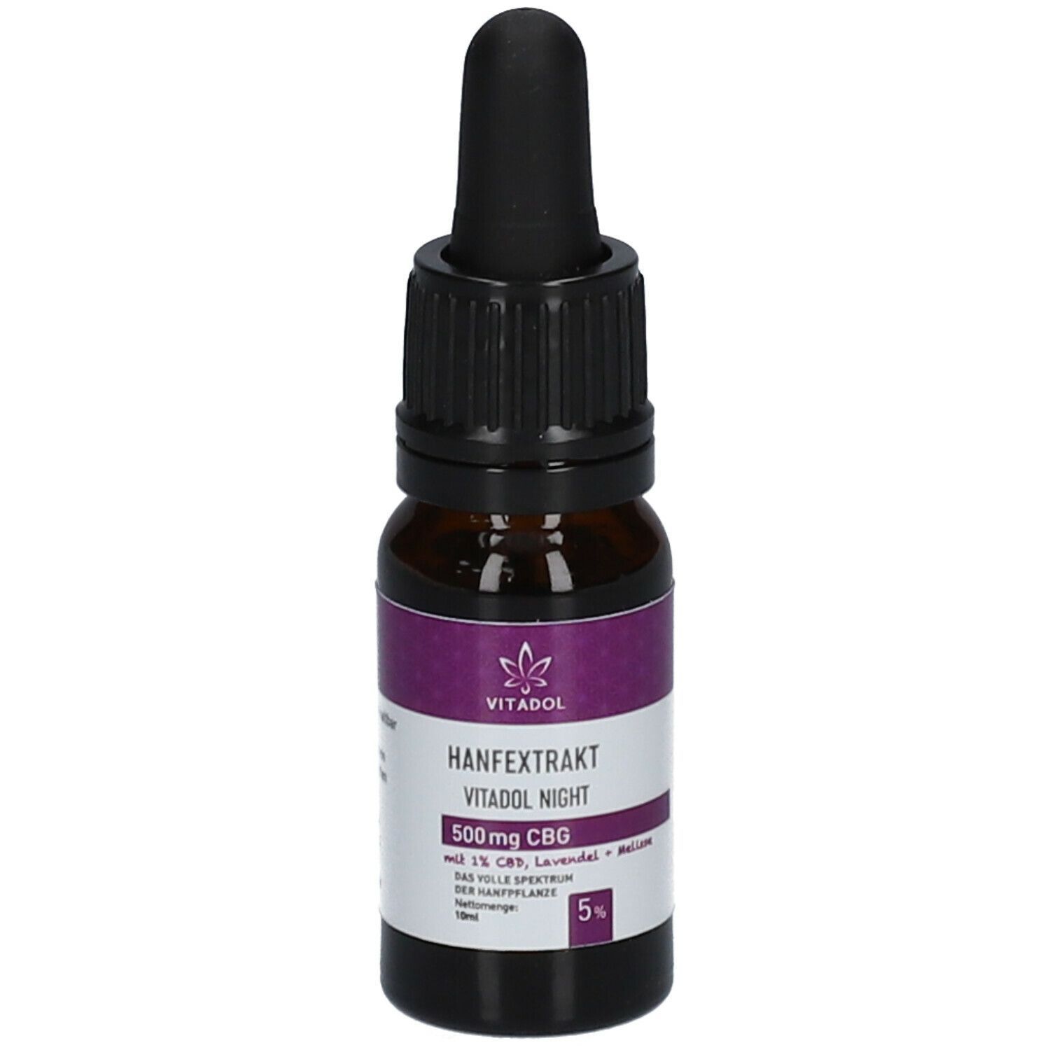 Braune Glasflasche mit schwarzem Deckel und Pipette. Aufschrift: VITADOL HANFEXTRAKT VITADOL NIGHT, 500mg CBG.
