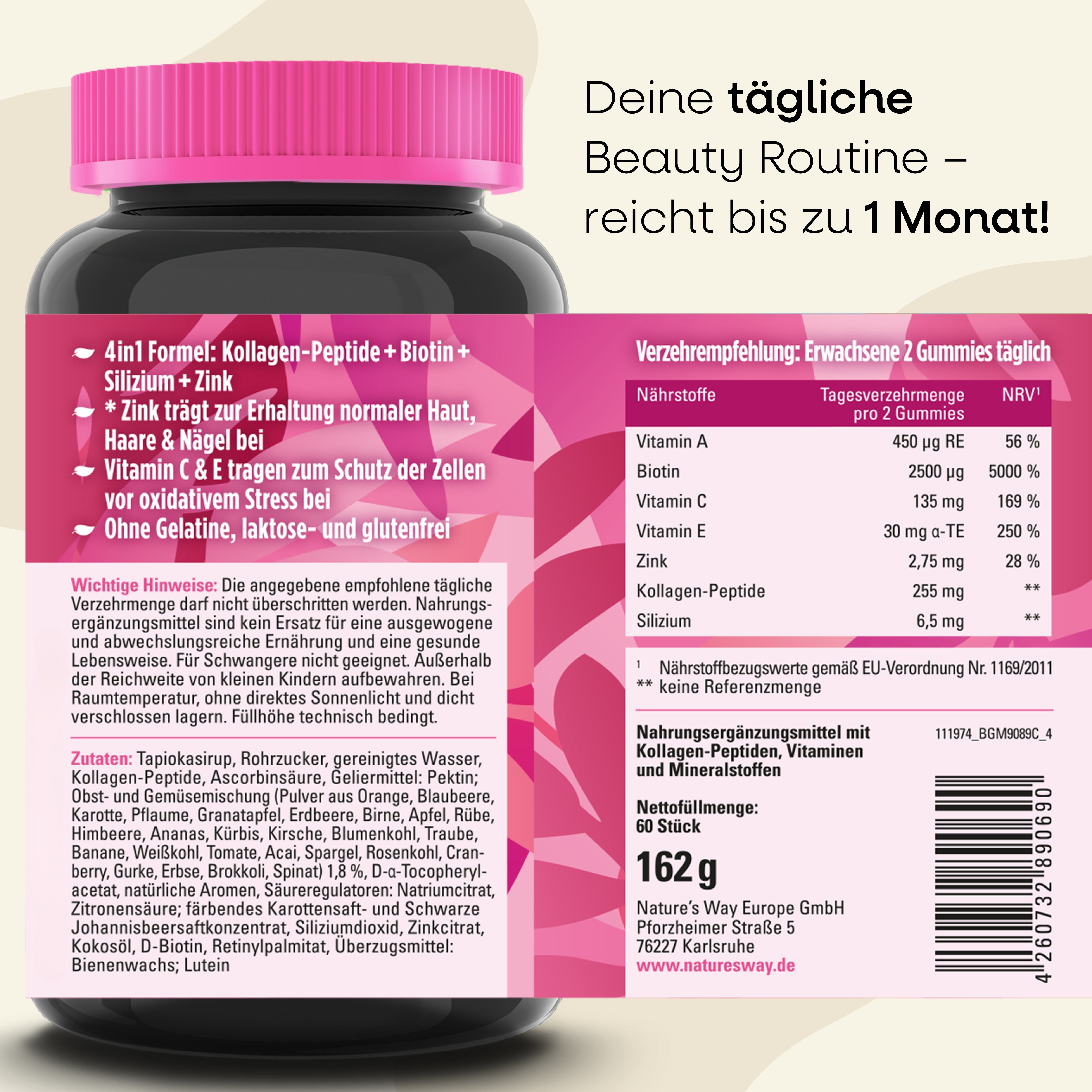 Flasche mit Etikett. Text: 4in1 Formel, Inhaltsstoffe, Nährwerttabelle. 60 Stück, 162g. Herstelleradresse.