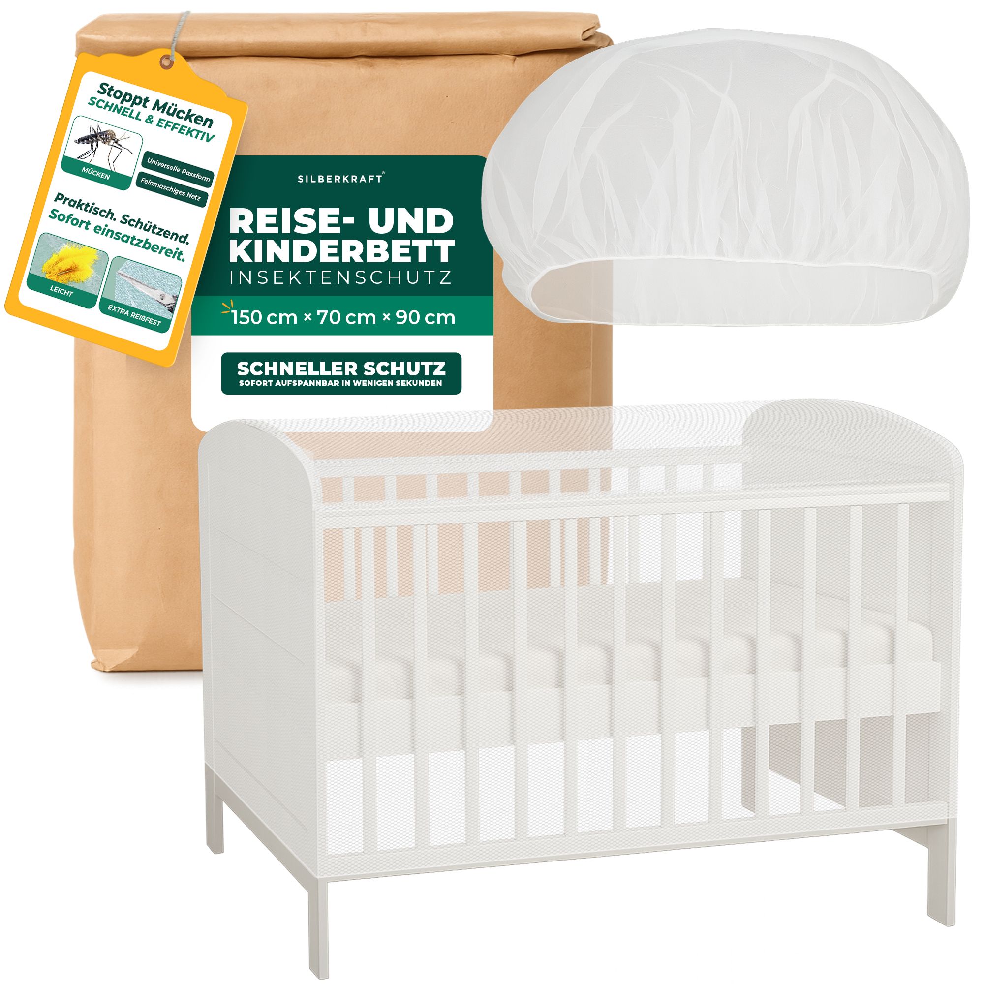 SILBERKRAFT Reise- und Kinderbett Mückennetz, braune Verpackung, weißes Netz, weißes Kinderbett. Text: Schnellschutz, 150 cm x 70 cm x 90 cm.