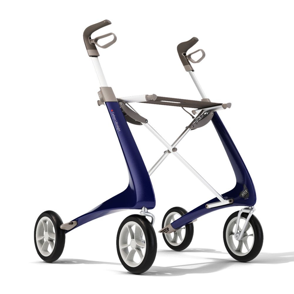 Blauer Rollator mit vier Rädern, grauen Griffen und weißem Sitz. Marke: byACRE.