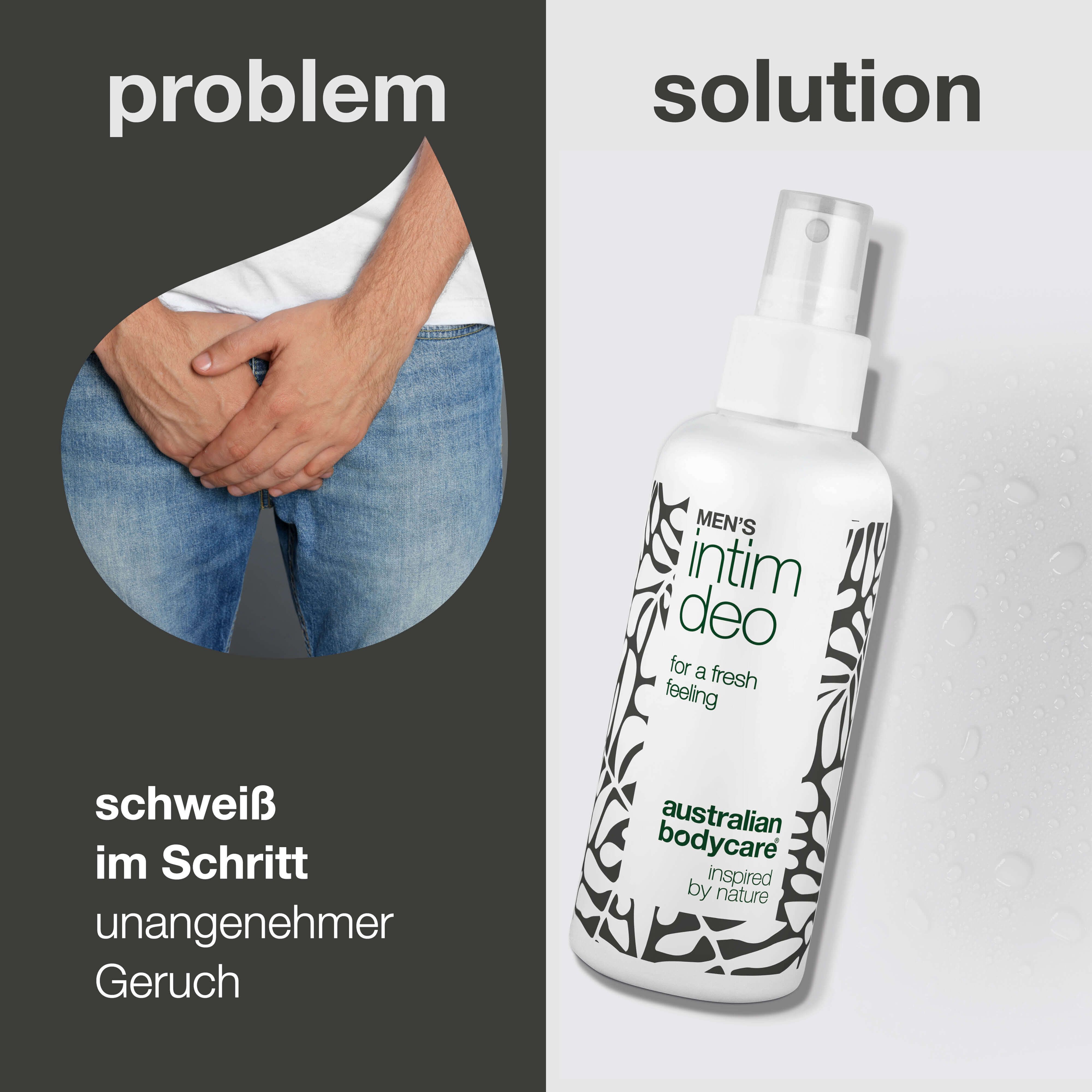 Problem: Mann hält sich den Schritt. Lösung: Deodorant-Spray. Text: Schweiß, Geruch, unangenehm.