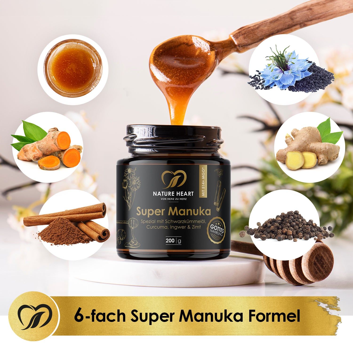 Glas mit Nature Heart Super Manuka. Zutaten: Schwarzkümmelöl, Curcuma, Ingwer, Zimt, Pfeffer. Honig tropft aus Löffel. 6-fach Formel.