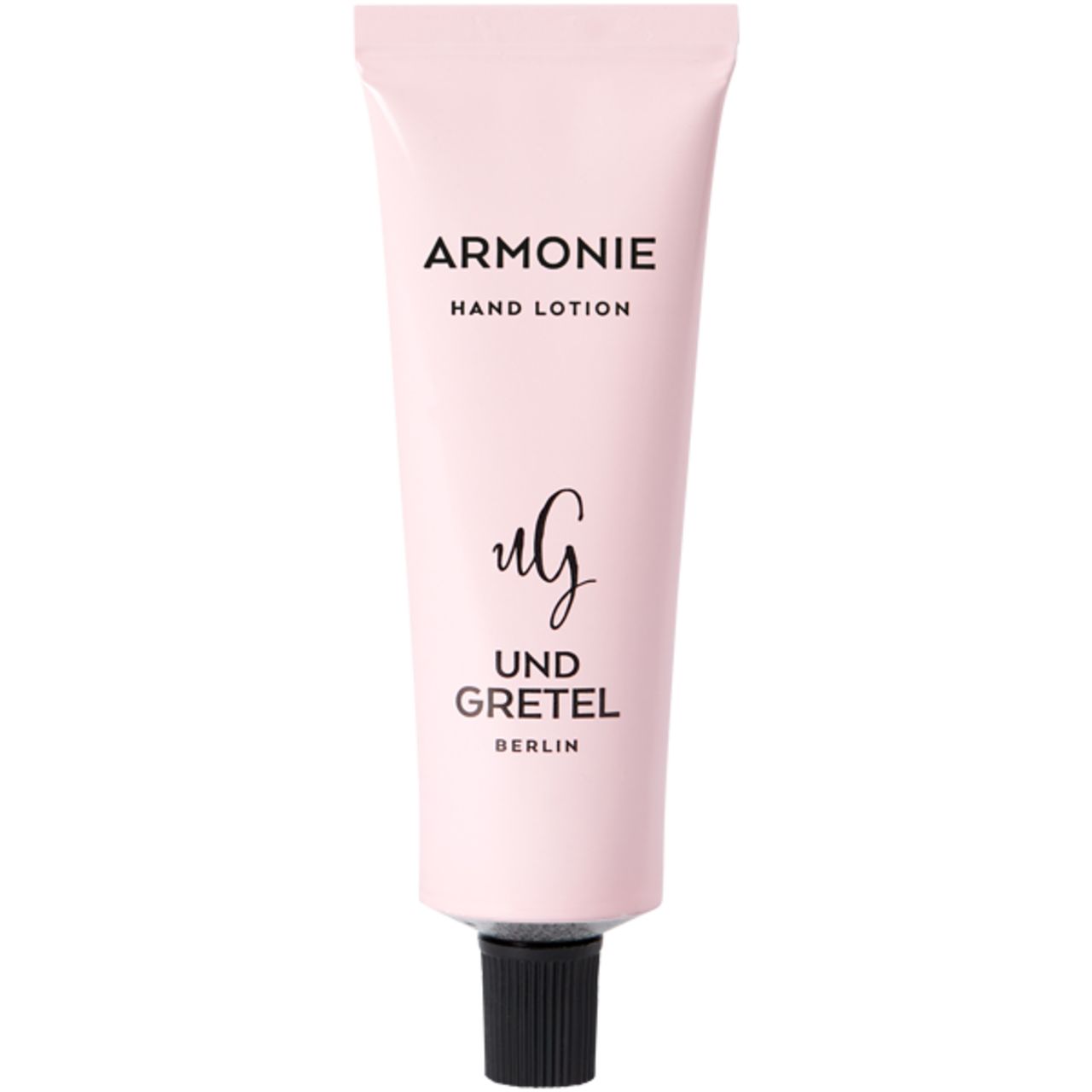 Rosa Tube mit schwarzem Verschluss. "Armonie Hand Lotion" und "Und Gretel Berlin" Schriftzug.