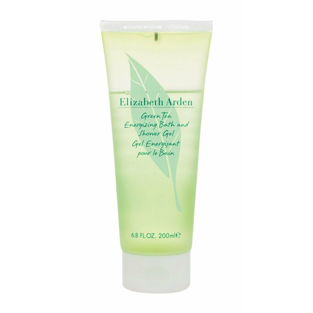 Grünes Duschgel in Tube. Aufschrift: Elizabeth Arden Green Tea. Blatt-Logo. 200ml. Weißer Deckel.