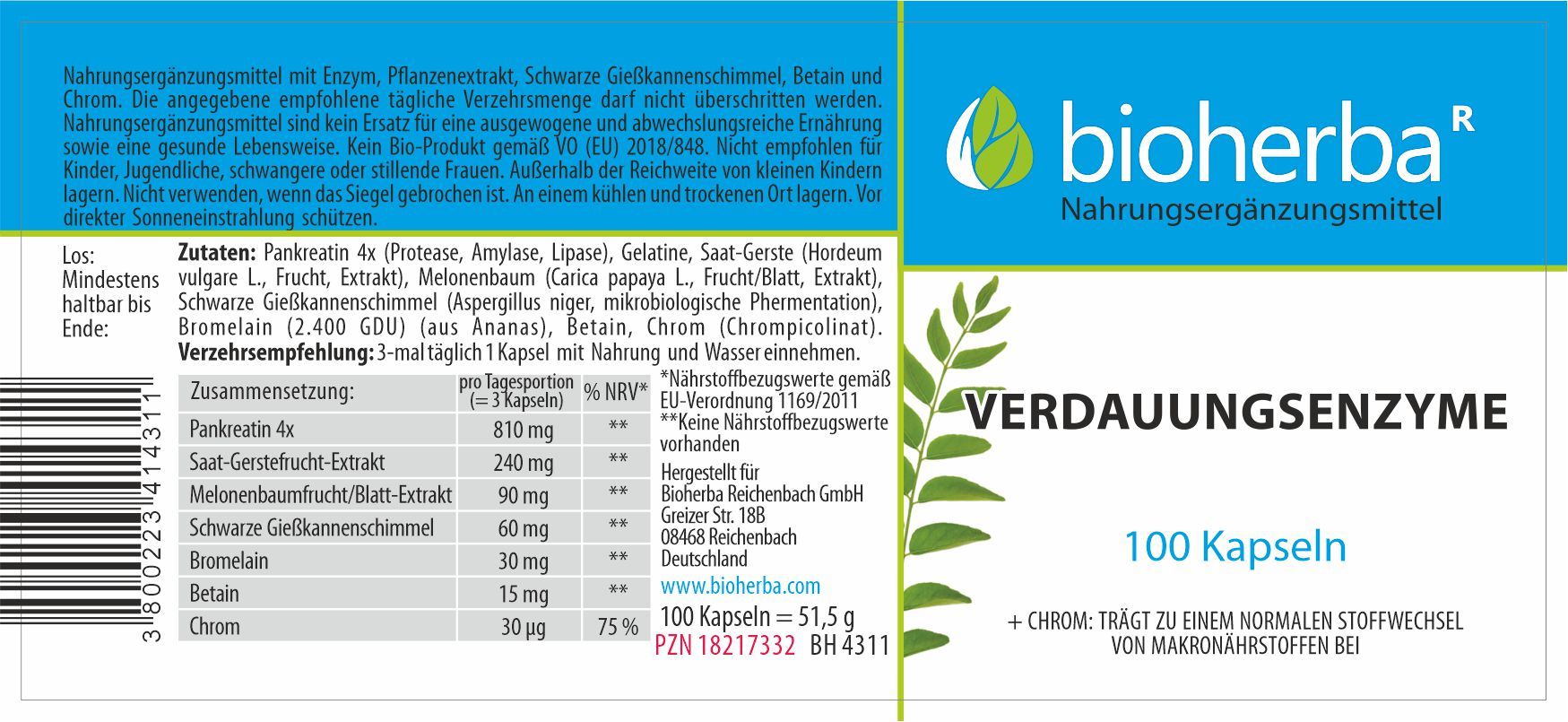 Etikett mit Produktinformationen. "bioherba" und "Verdauungsenzyme". 100 Kapseln. Inhaltsstoffe.