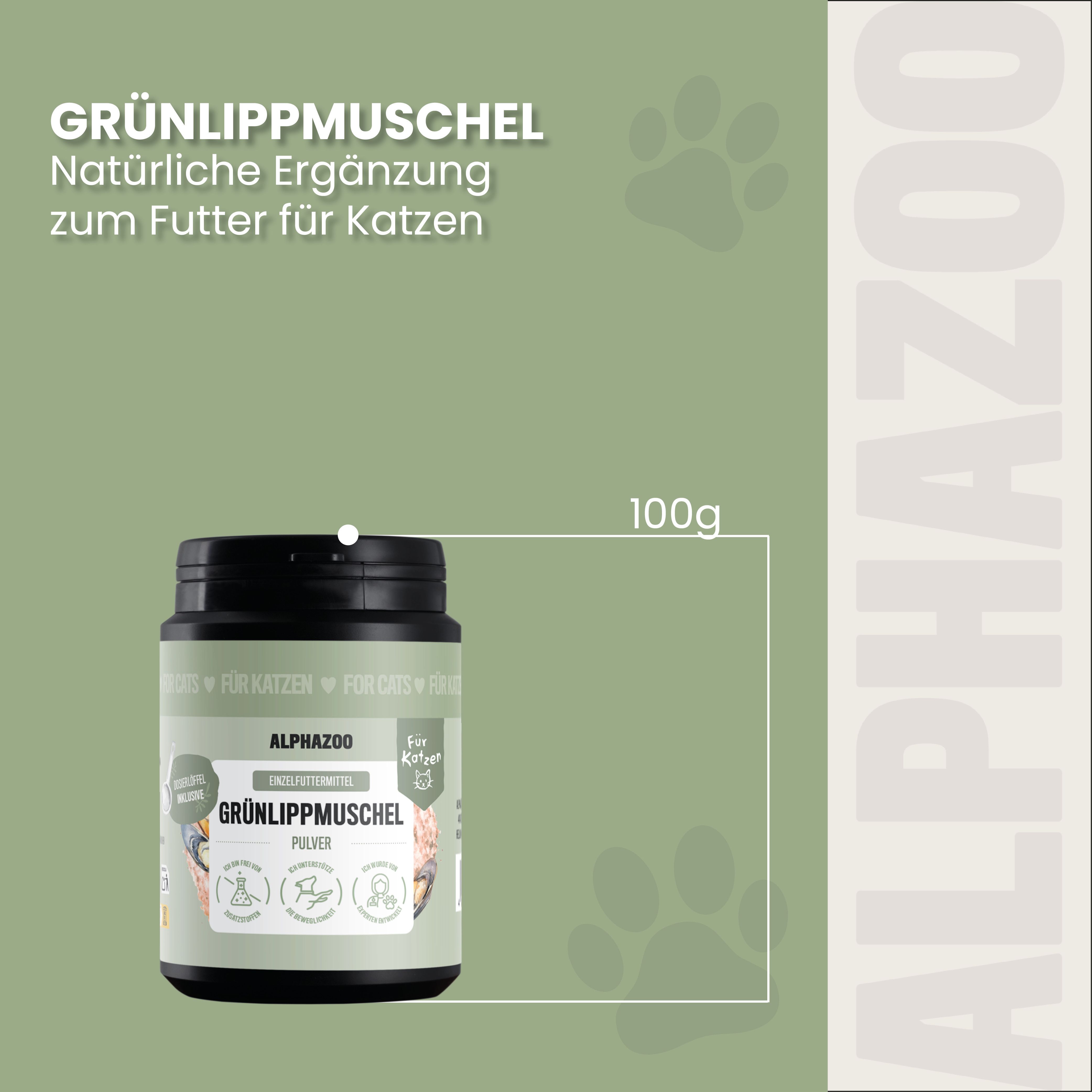 Behälter mit Grünlippmuschel-Pulver für Katzen, daneben die Angabe 100g.