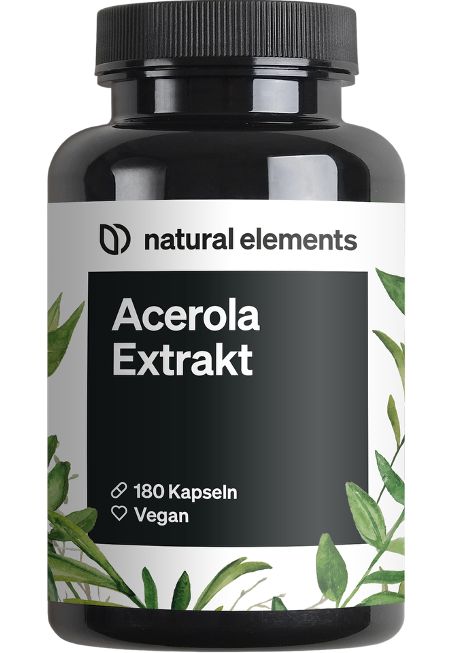 Schwarze Flasche mit weißem Etikett. Aufschrift: natural elements, Acerola Extrakt, 180 Kapseln, Vegan. Grüne Blätter als Dekoration.