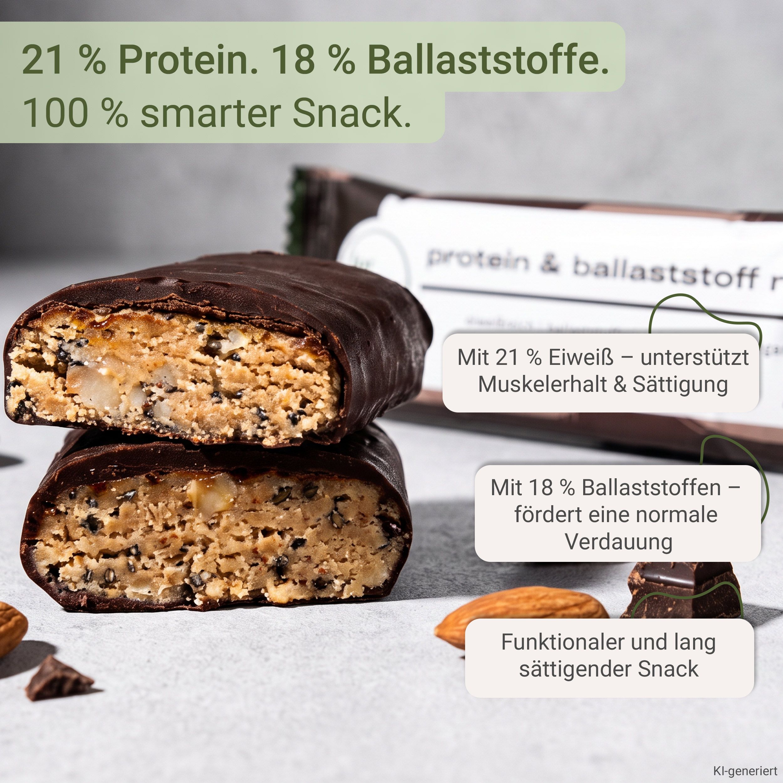 Zwei Schokoriegel gestapelt, innen mit Nüssen und Samen. Beschriftungen erwähnen 21% Protein und 18% Ballaststoffe.