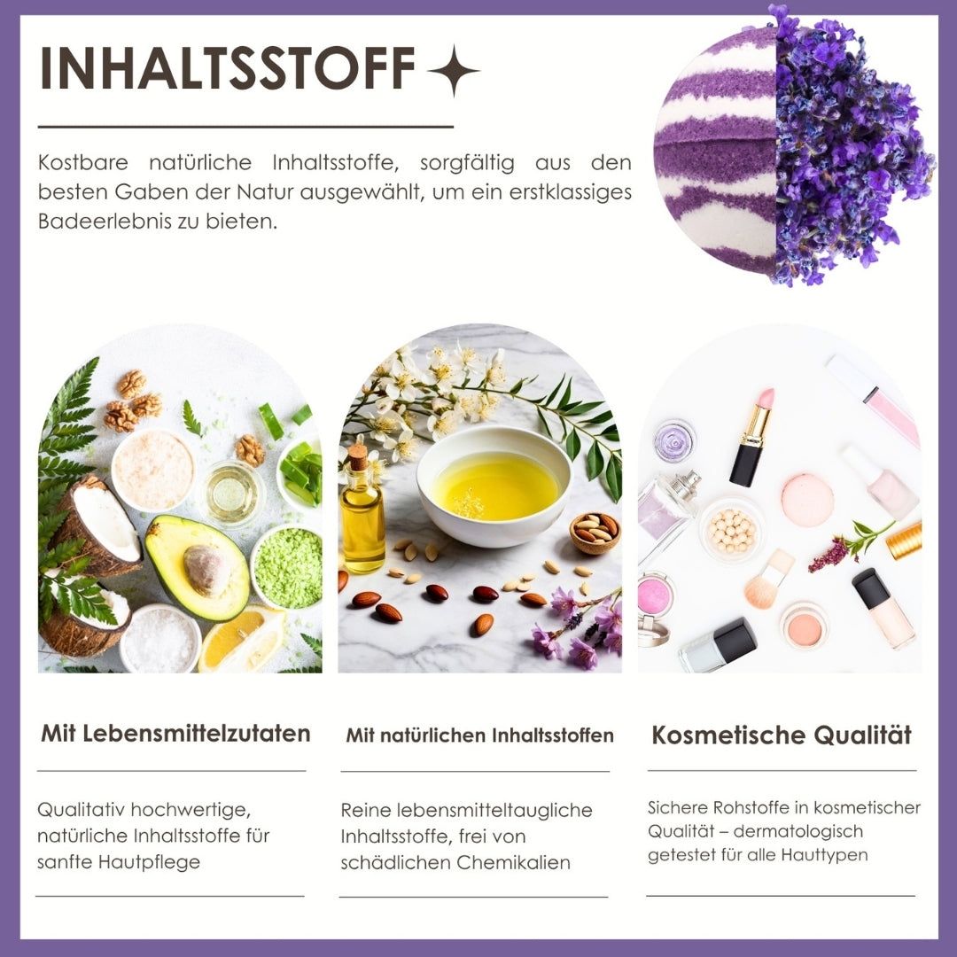 Infografik mit Inhaltsstoffen. Text: Inhaltsstoffe, Lebensmittelzutaten, natürliche Inhaltsstoffe, kosmetische Qualität.