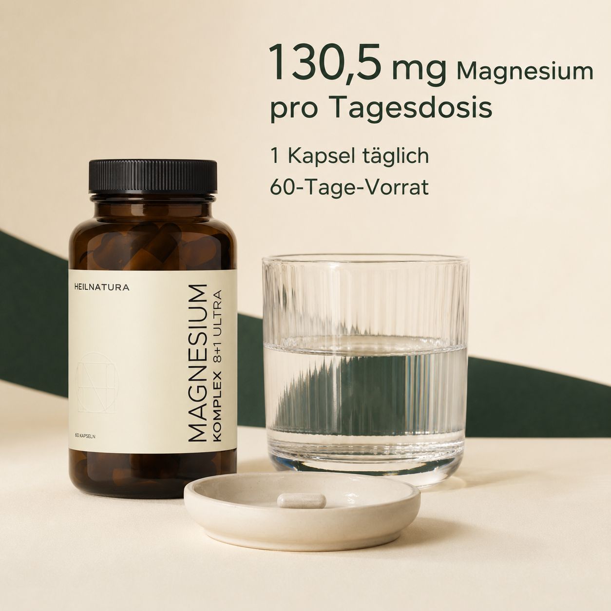 Flasche "Magnesium Komplex 8+1 Ultra", Glas Wasser, Schale mit Kapsel. "130,5 mg Magnesium pro Tagesdosis".
