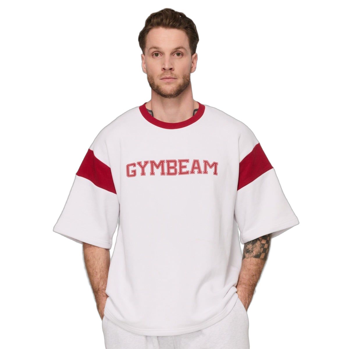 GymBeam T-Shirt Herren Oversized Kurzarm Varsity Weiß 1 St