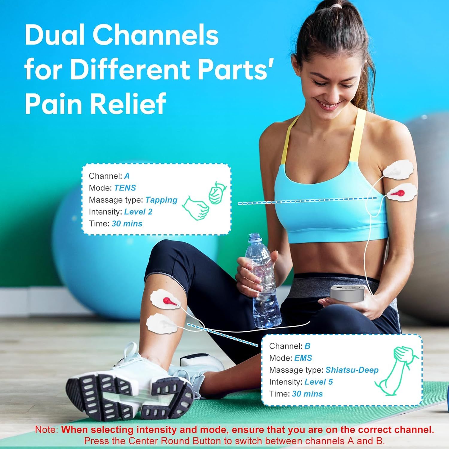 Frau mit Elektroden am Arm und Bein. Gerät in der Hand. Text: 'Dual Channels for Different Parts' Pain Relief'.