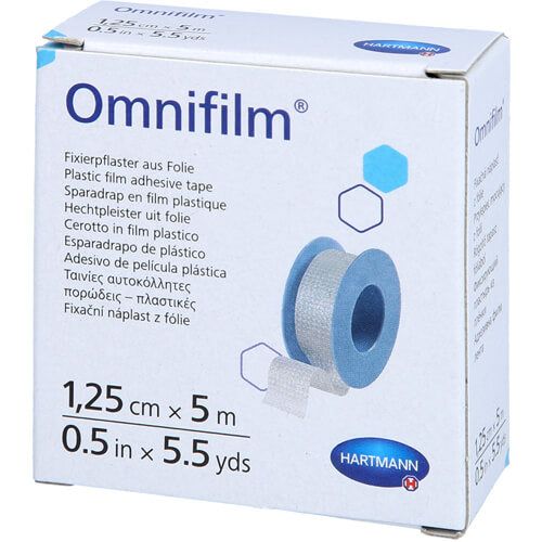 Omnifilm®-Verpackung, weißer Karton mit Produktabbildung und Text. Hartmann-Logo.