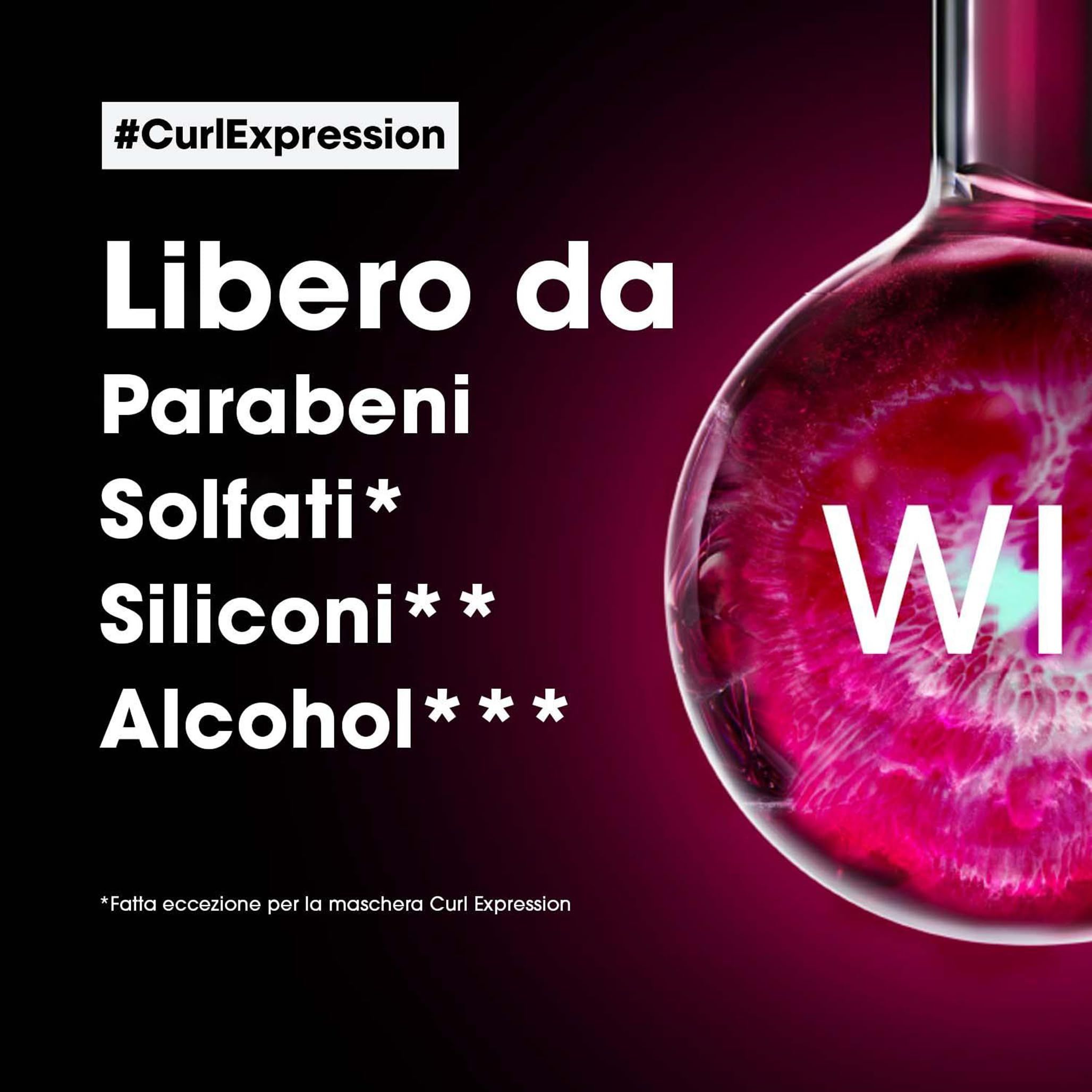 Abbildung einer Flüssigkeit in einem Kolben. Text: Frei von Parabenen, Sulfaten, Silikonen, Alkohol. #CurlExpression.