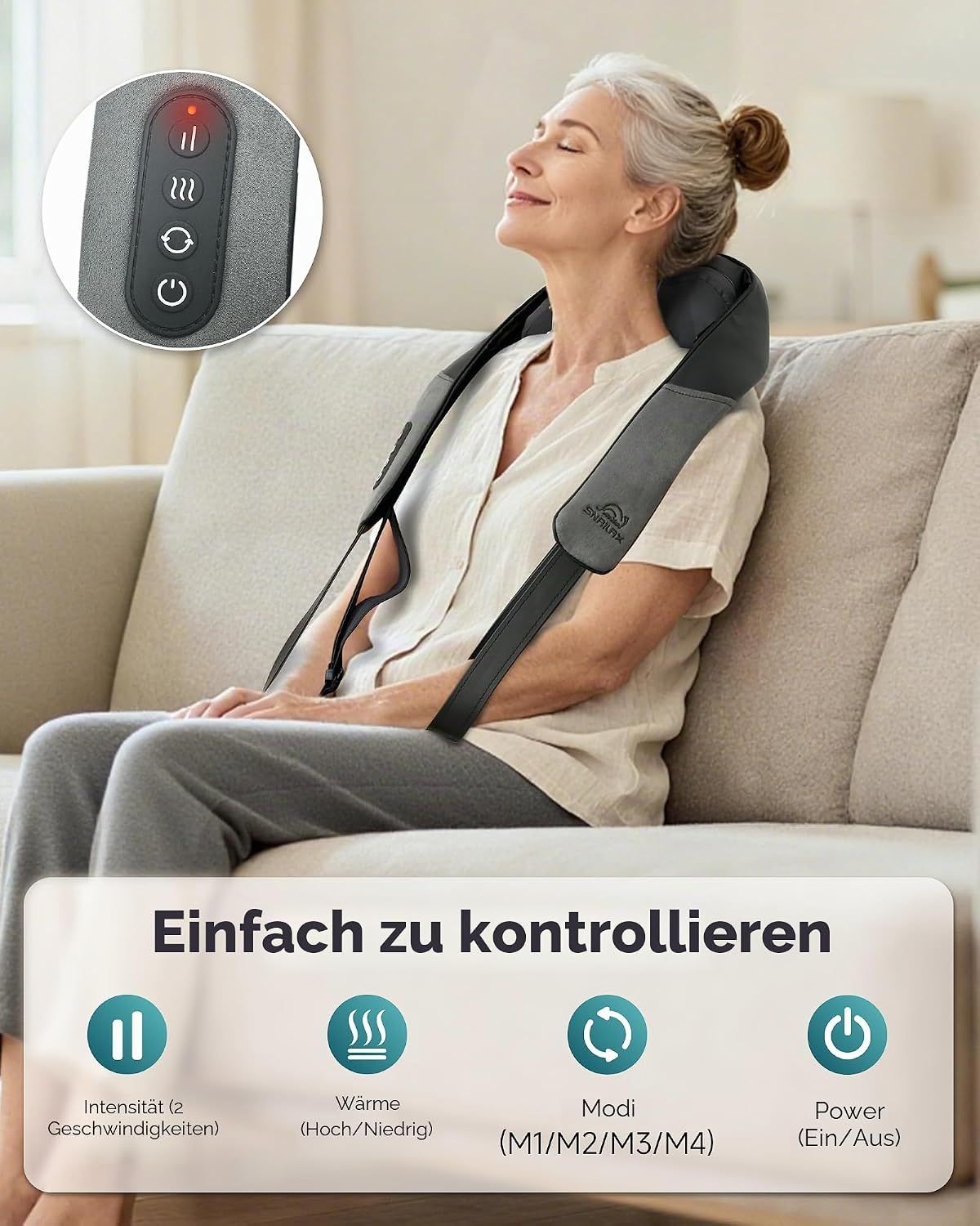 Schulter-Nacken-Massagegerät mit Bedienelementen und rotem Licht.