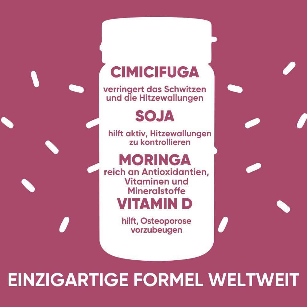 Flasche mit 60 Kapseln, mit Moringa, Soja und Cimicifuga, für die Menopause.