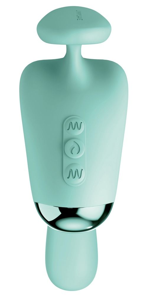Türkisfarbener Vibrator mit Bedienknöpfen, metallischer Spitze und abgerundeter Spitze.