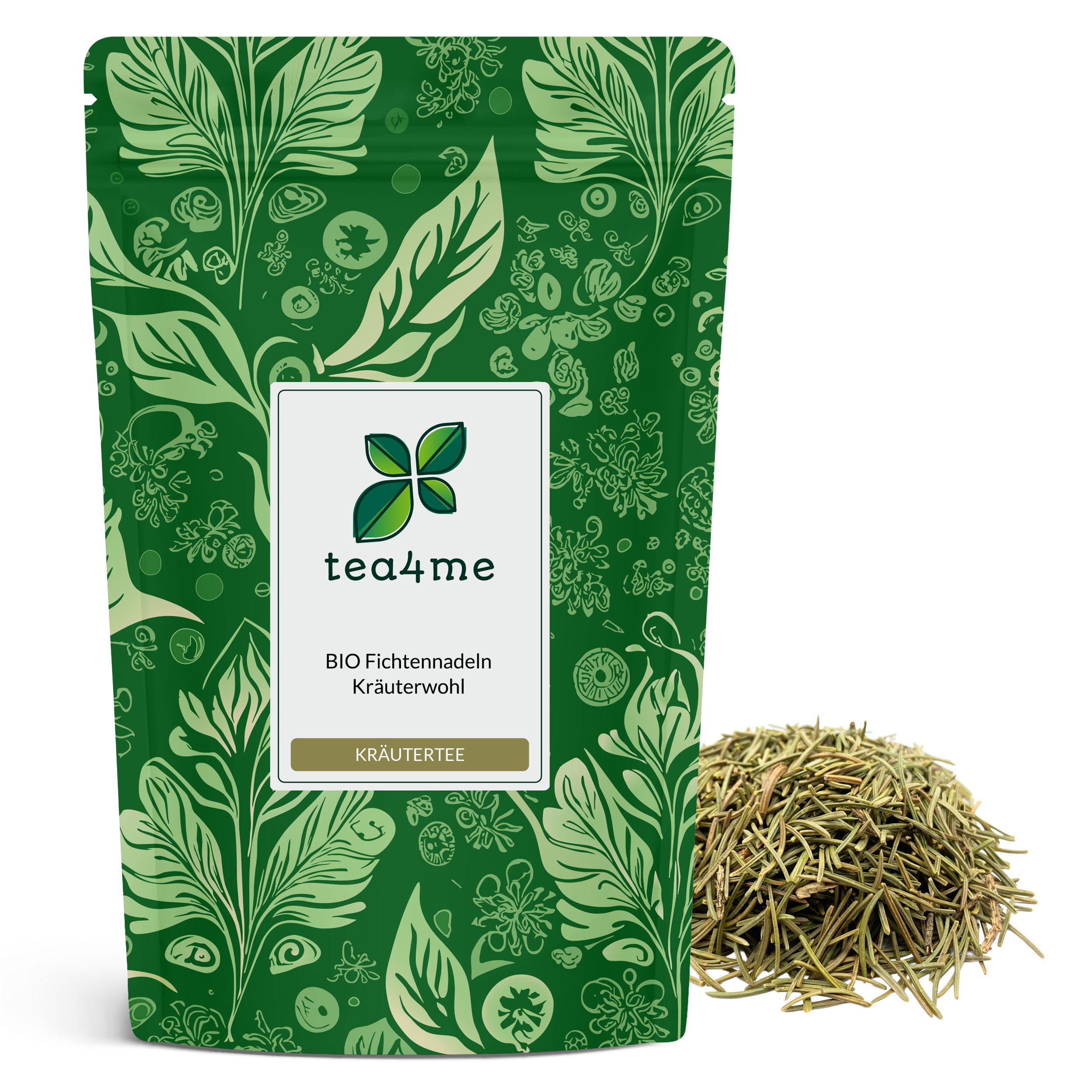Grüner Beutel mit Kräutertee. Aufschrift: tea4me BIO Fichtennadeln Kräutertee. Daneben ein Haufen getrockneter Kräuter.