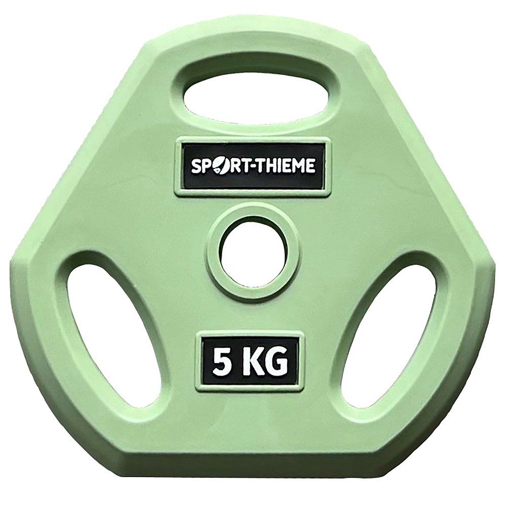 Hantelscheibe, hellgrün, sechseckig mit Griffen. Sport-Thieme Logo und 5 KG Gewichtangabe.