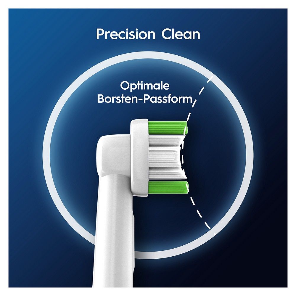 Aufsteckbürste mit grünen und weißen Borsten in optimaler Form. "Precision Clean".