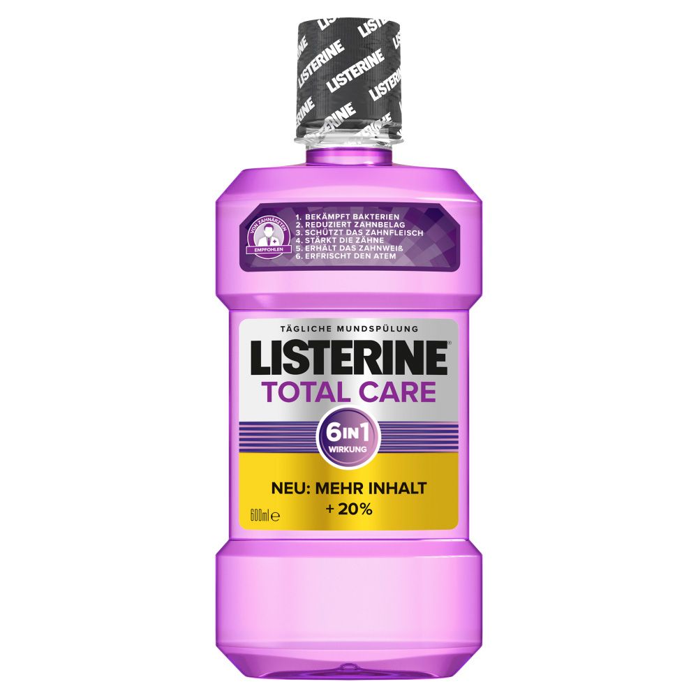 Listerine Total Care Mundspülung. Lila Flasche mit schwarzem Deckel. Gelbes Etikett mit Text. 6in1 Wirkung.