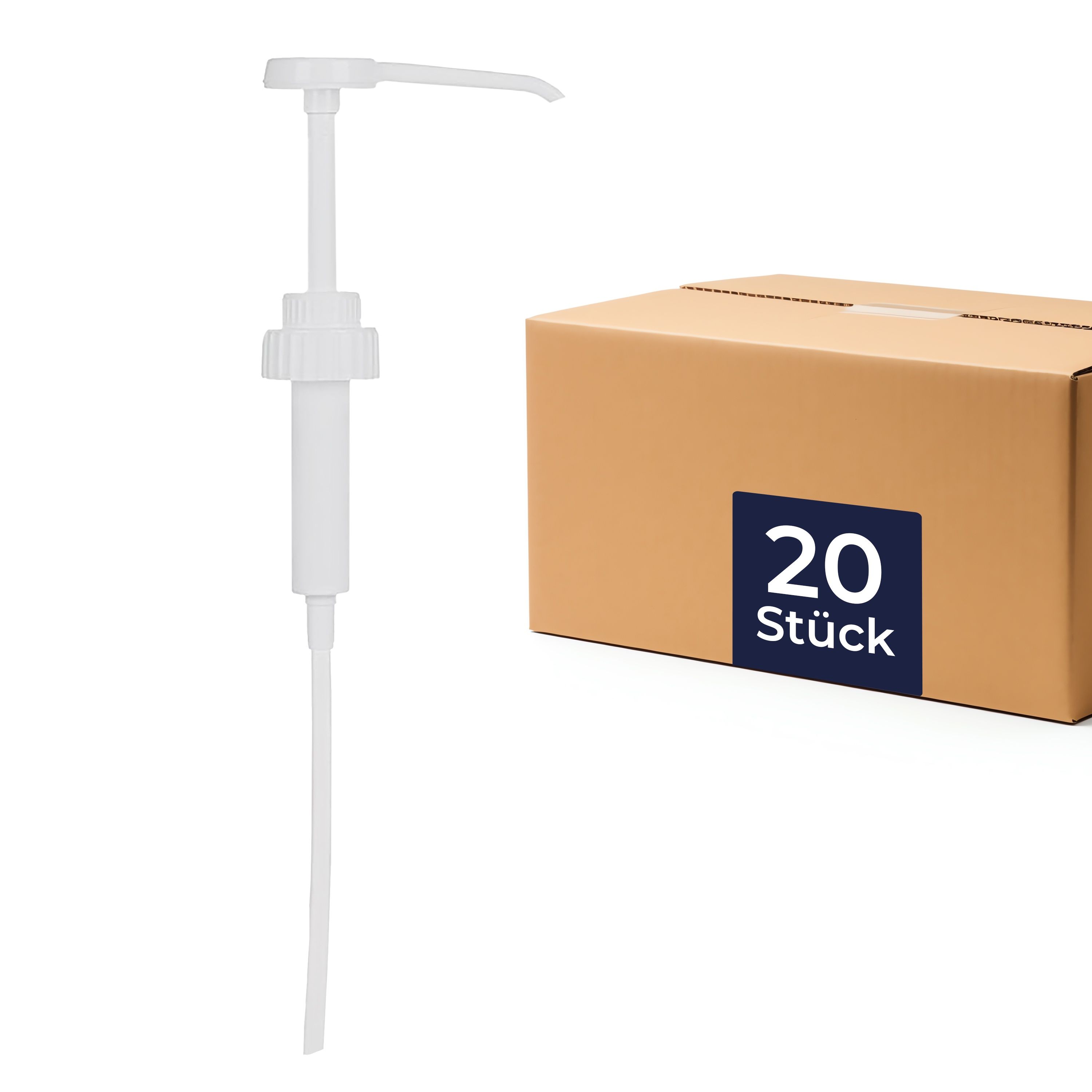 Weiße Dosierpumpe mit langem Auslauf. Daneben ein Karton mit Aufkleber "20 Stück".