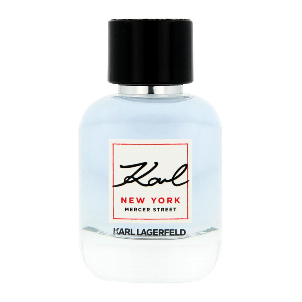 Karl Lagerfeld New York Mercer Street Eau de Toilette Flakon. Quadratischer Flakon mit schwarzem Deckel, hellblauem Inhalt und weißem Etikett.
