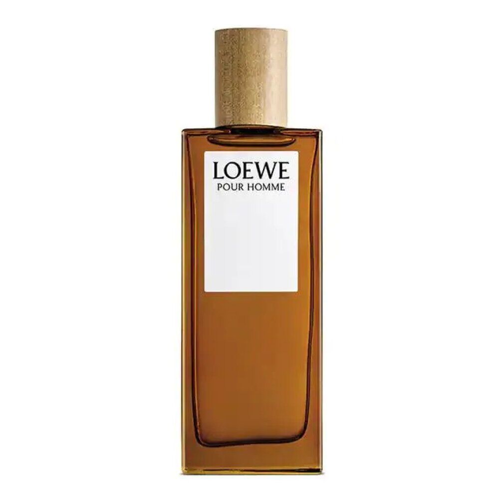 Braune Glasflasche mit Holzdeckel und weißem Etikett. Aufschrift: LOEWE POUR HOMME.