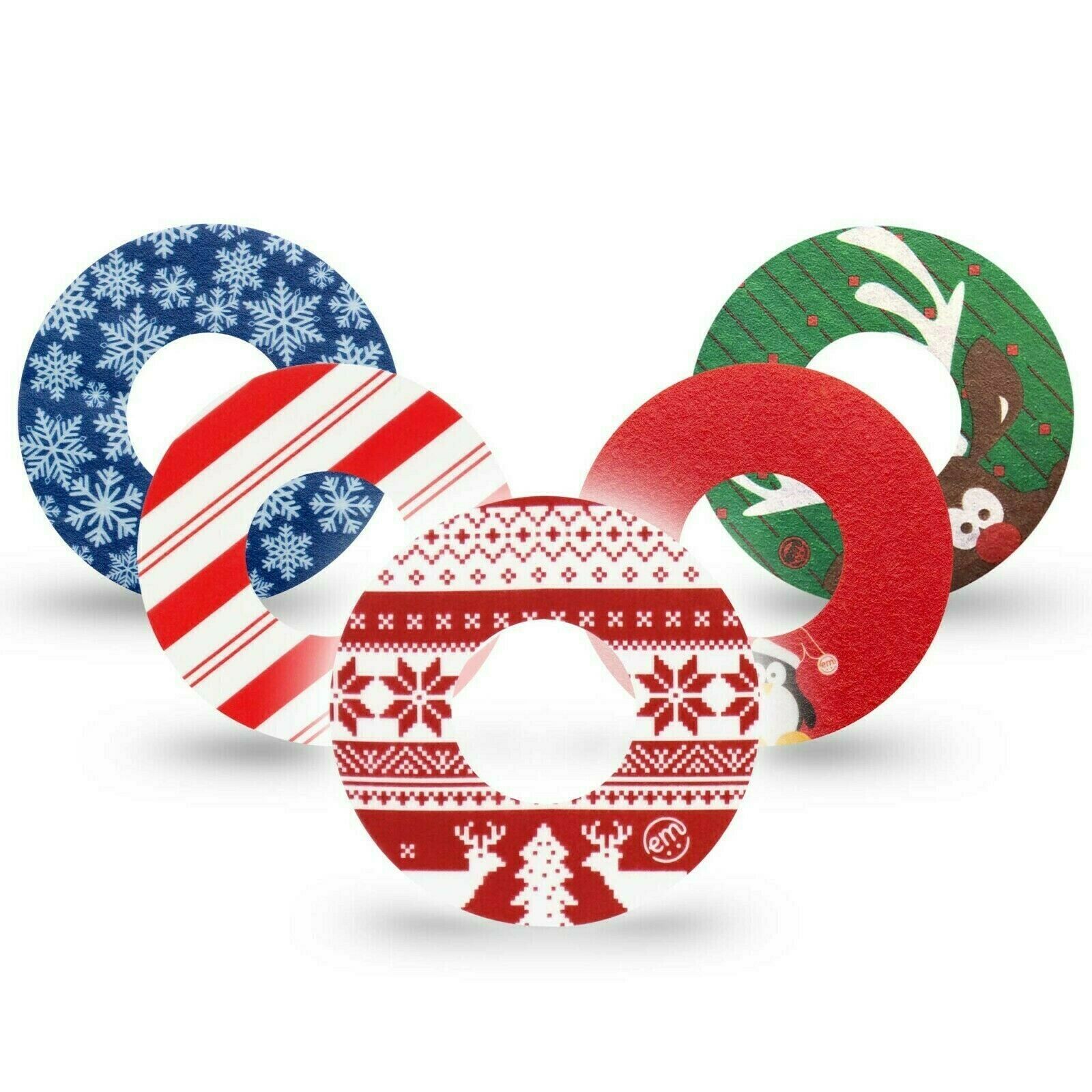 Fünf runde Aufkleber mit weihnachtlichen Mustern. Designs: Schneeflocken, Streifen, Rentier, Weihnachtsmuster und Tannenbaum. Mit Logo.