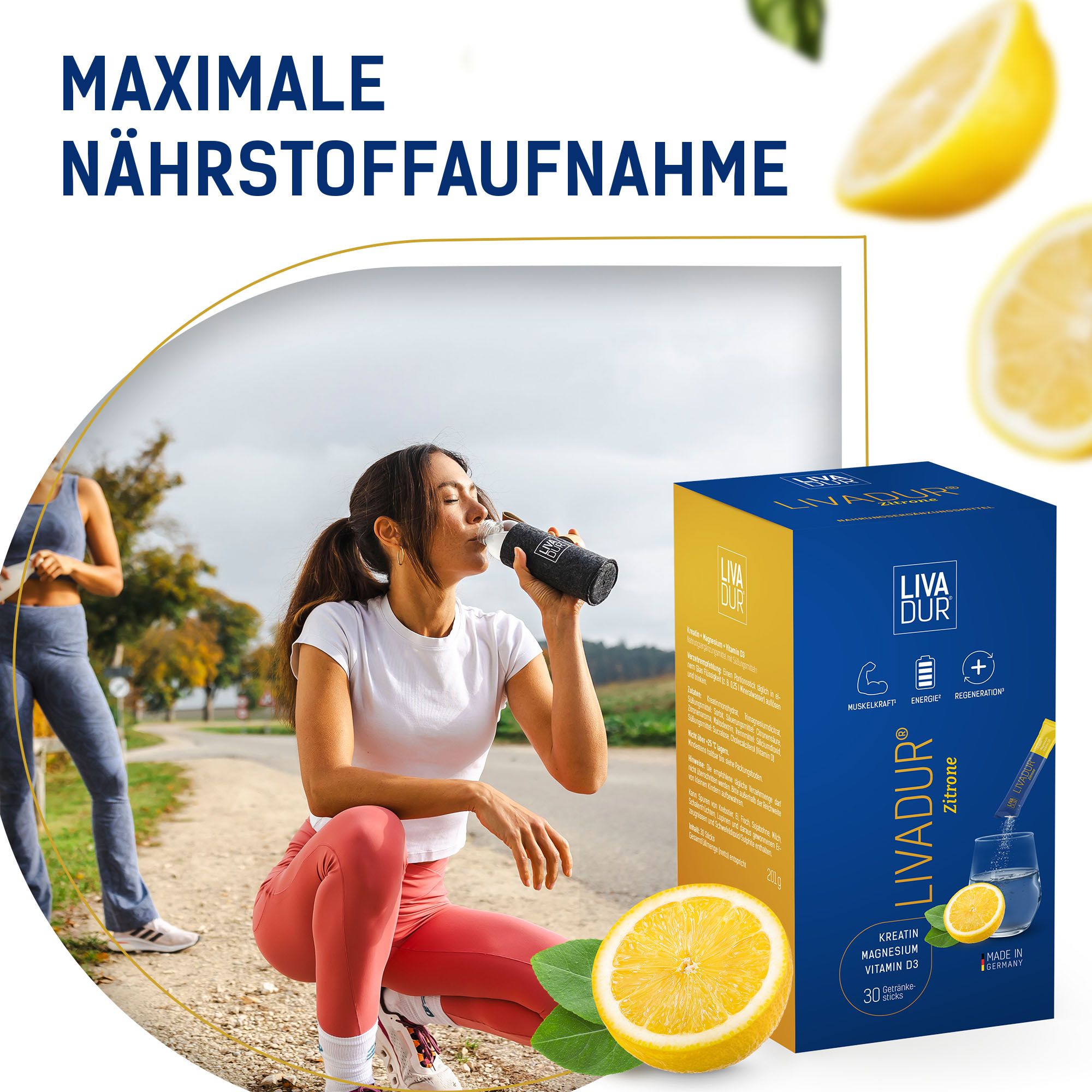 Frau trinkt aus einer Flasche. Karton LIVADUR® Zitrone. Text: Maximale Nährstoffaufnahme.