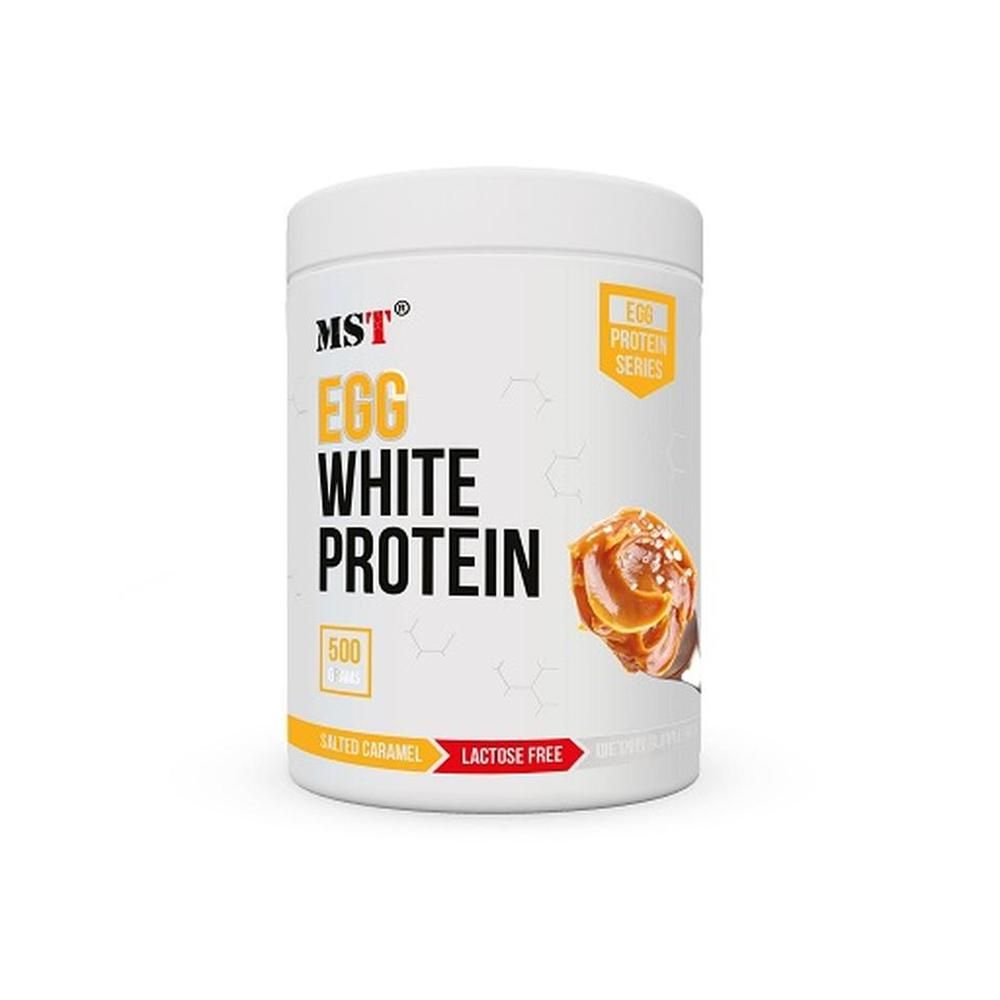 Weiße Dose mit rotem und gelbem Text. Aufschrift: EGG WHITE PROTEIN, 500. Abbildung von Karamell. Lactosefrei.