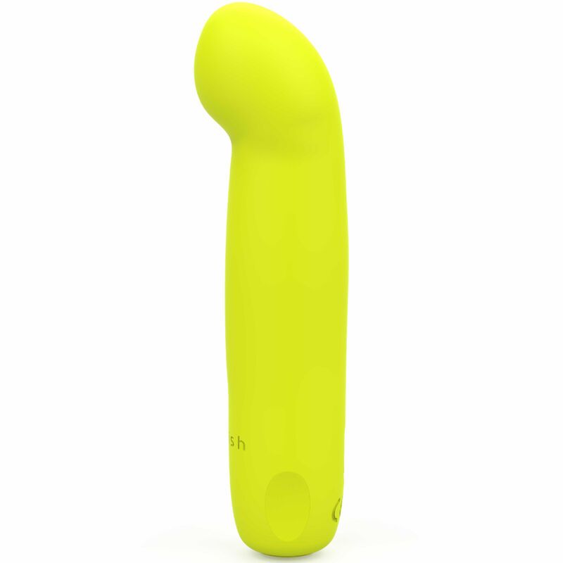 Gelber, gebogener Vibrator aus Silikon. Mit abgerundeter Spitze und länglichem Schaft. Am unteren Ende befindet sich eine Taste.