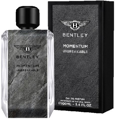 Bentley Momentum Unbreakable EdP Nat. Spray. Flakon und Verpackung. Schwarzer Deckel, grauer Stein-Look, Bentley-Logo. Text: Eau de Parfum.