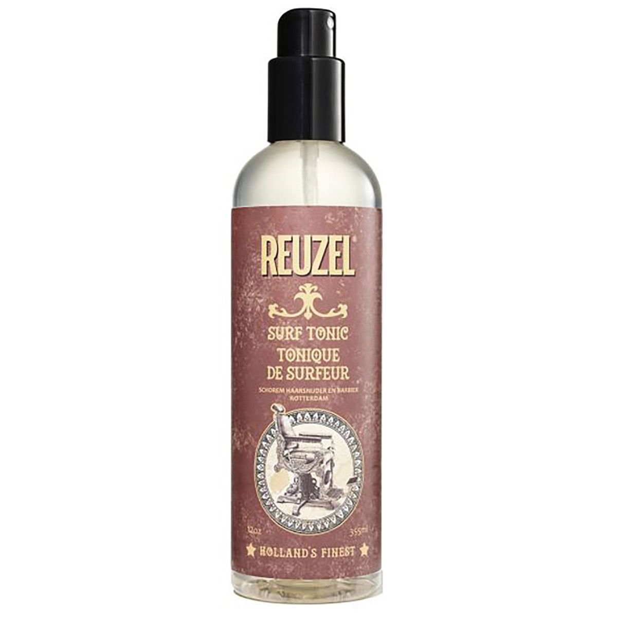 Reuzel Surf Tonic Haarspray in brauner Flasche mit schwarzem Pumpspender.