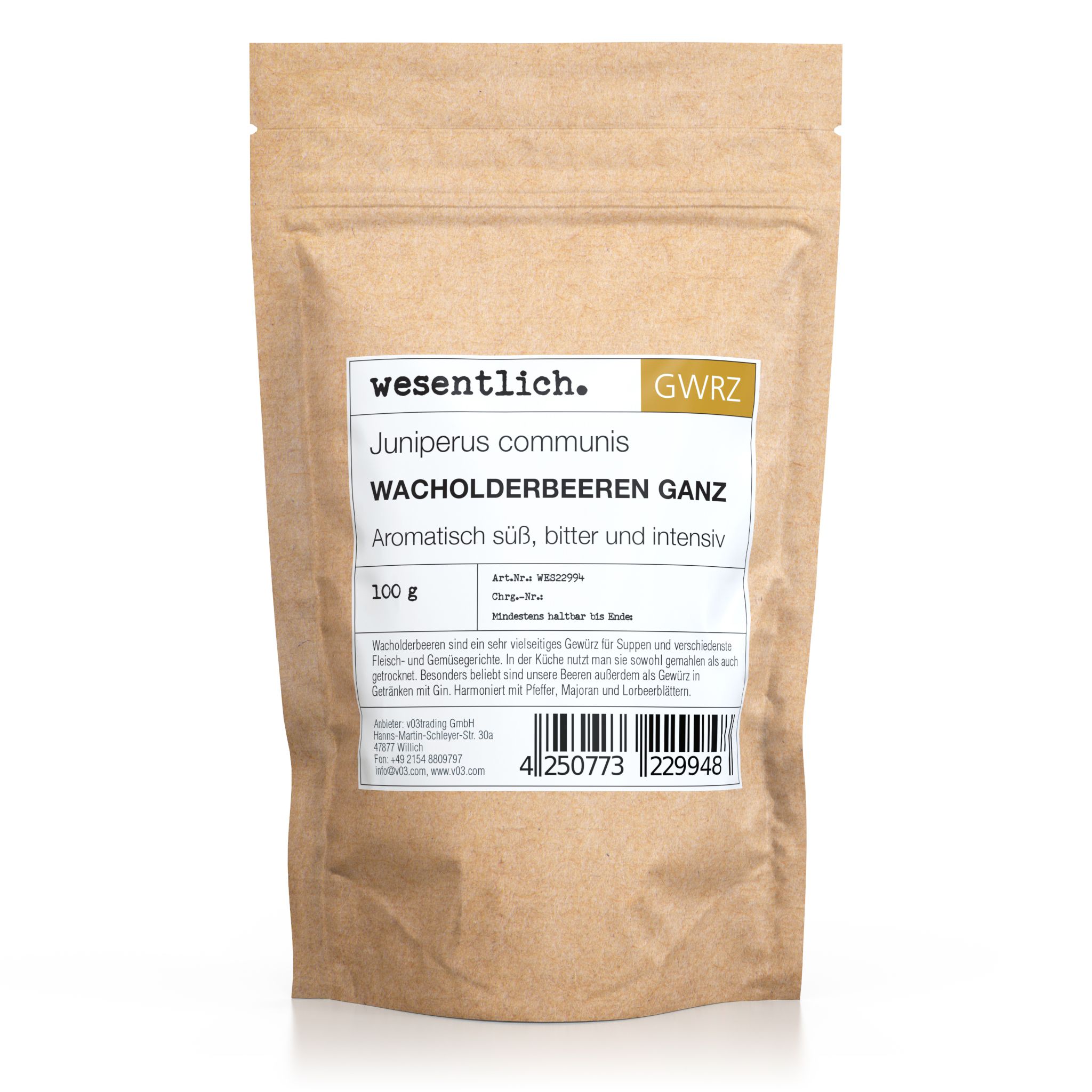 Beutel mit Wacholderbeeren. Aufschrift: wesentlich. Juniperus communis, Wacholderbeeren ganz, 100 g.