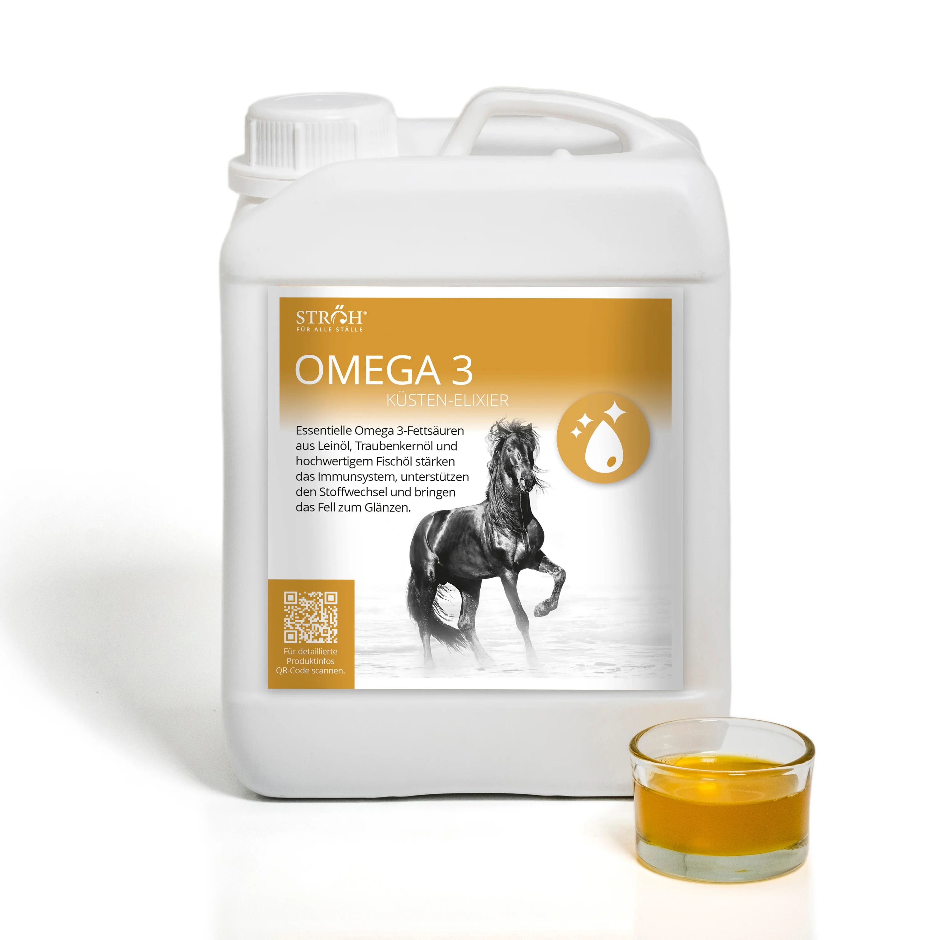 STRÖH Omega 3 Kanister und ein Glas mit Flüssigkeit. Produktinformationen und Abbildung eines Pferdes.