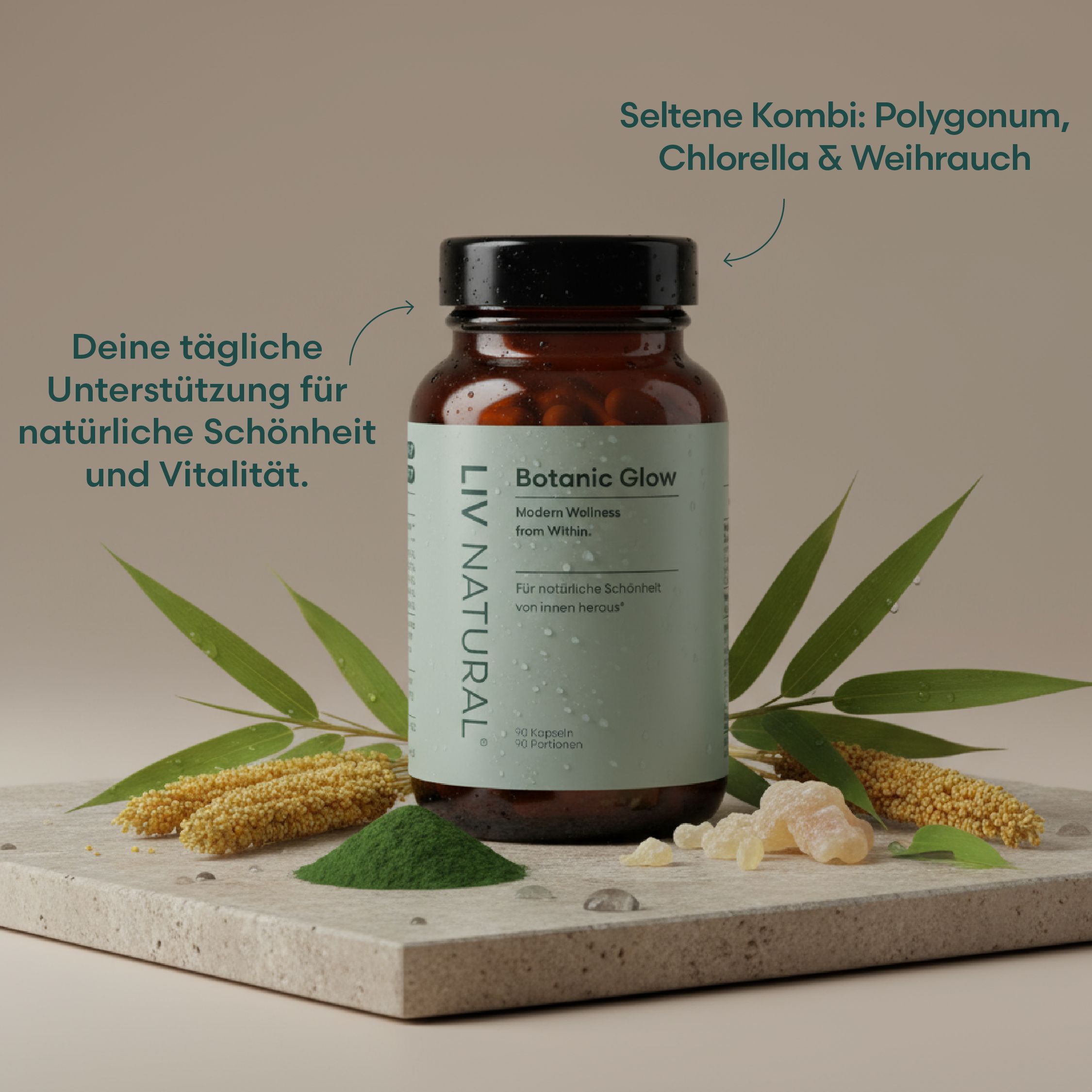 Braune Glasflasche mit schwarzen Deckel. Aufschrift: LIV NATURAL, Botanic Glow, 90 Kapseln. Dekoration mit Pflanzen und Kräutern.