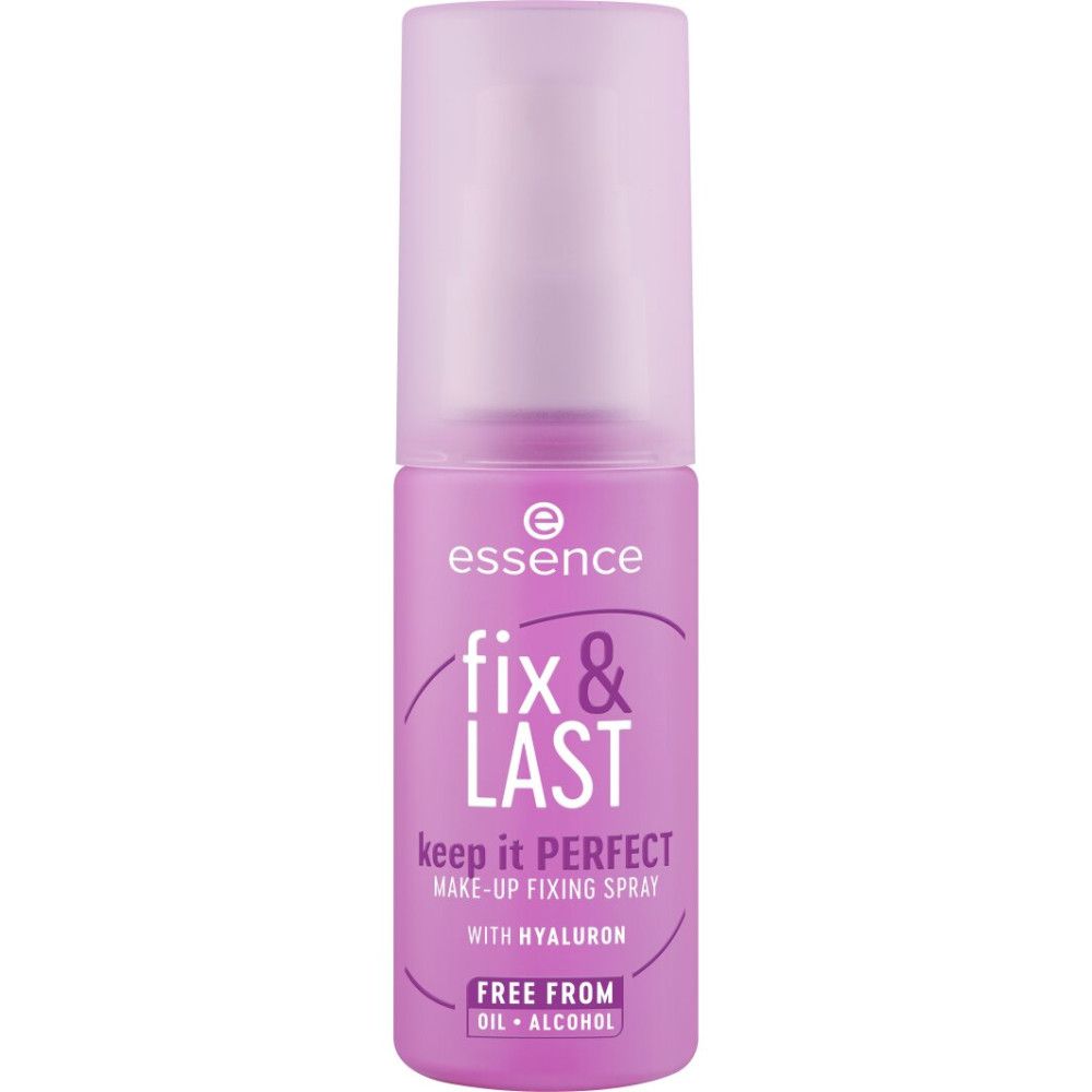 Lila Make-up Fixierspray-Flasche mit Deckel. Schriftzug: Essence, fix & LAST, keep it PERFECT, mit Hyaluron, FREE FROM.