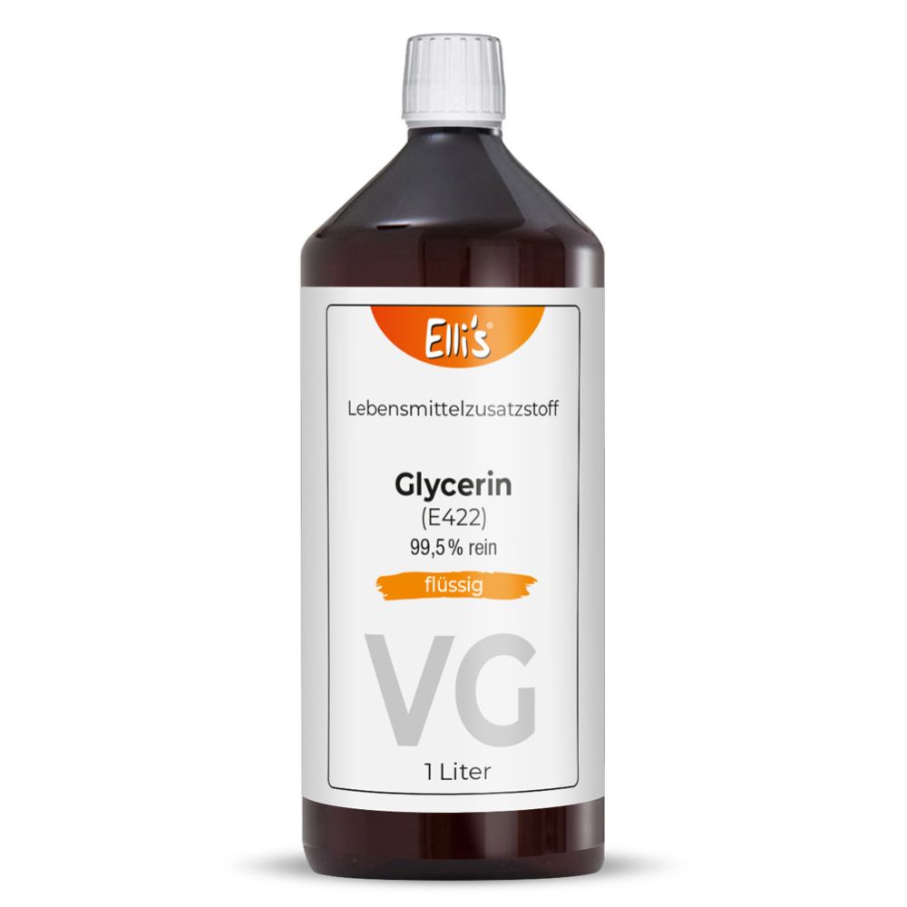 Braune Flasche mit weißem Etikett. Glycerin (E422), 99,5% rein, flüssig. 1 Liter.