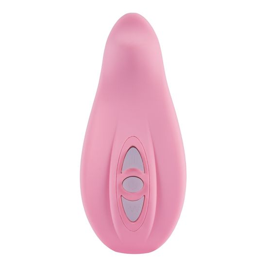 Rosa Vibrator mit ovaler Form und zwei Knöpfen. Oberseite abgerundet.