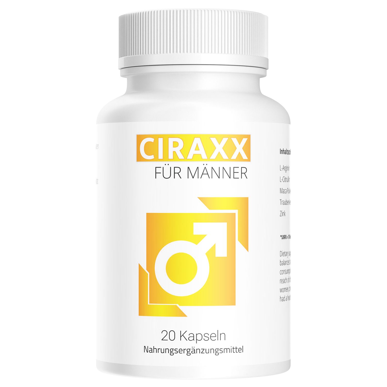 Weiße Kapsel-Dose mit gelbem Etikett. Aufschrift: CIRAXX FÜR MÄNNER. Männliches Symbol. 20 Kapseln. Nahrungsergänzungsmittel.