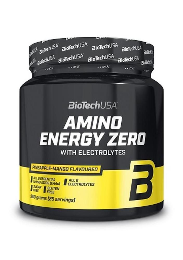 Schwarze Dose mit gelbem Etikett. Aufschrift: Amino Energy Zero, mit Elektrolyten. Geschmack: Ananas-Mango. Enthält Aminosäuren und Elektrolyte.