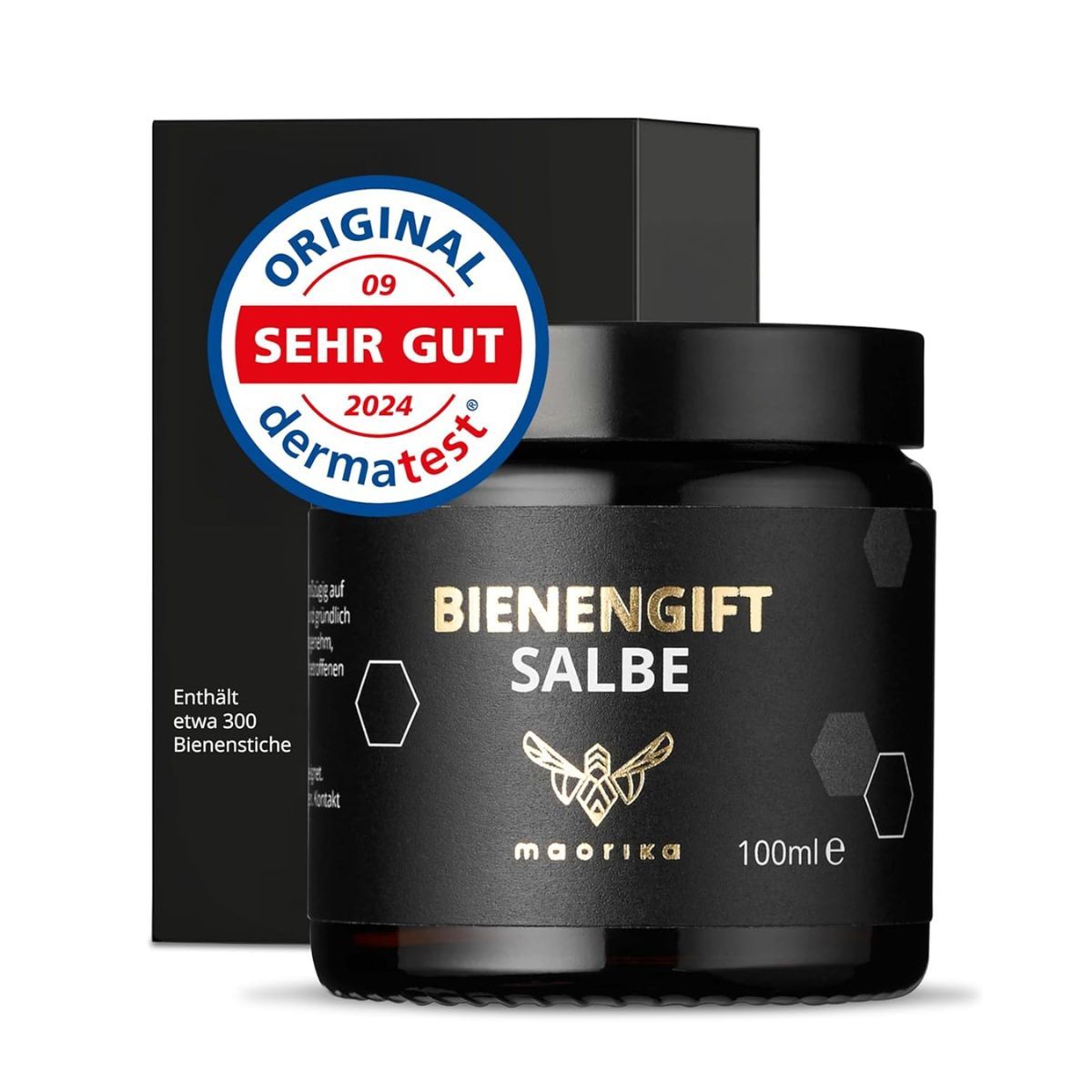Braune Salbentiegel mit schwarzem Deckel und Verpackung. Aufschrift: Bienengift Salbe, Maorika, 100ml. Siegel: Original, Sehr Gut, Dermatest.