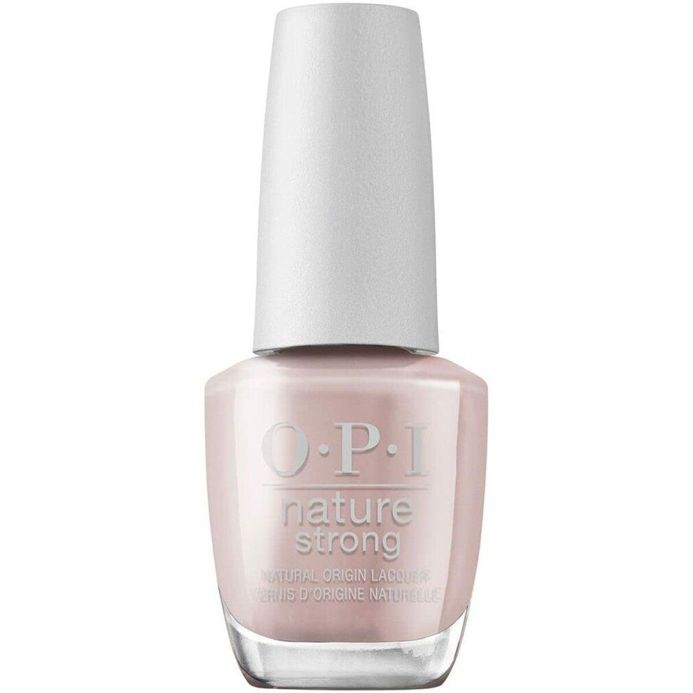 Nagellackflasche mit rosafarbenem Inhalt und weißem Deckel. OPI Nature Strong-Logo.