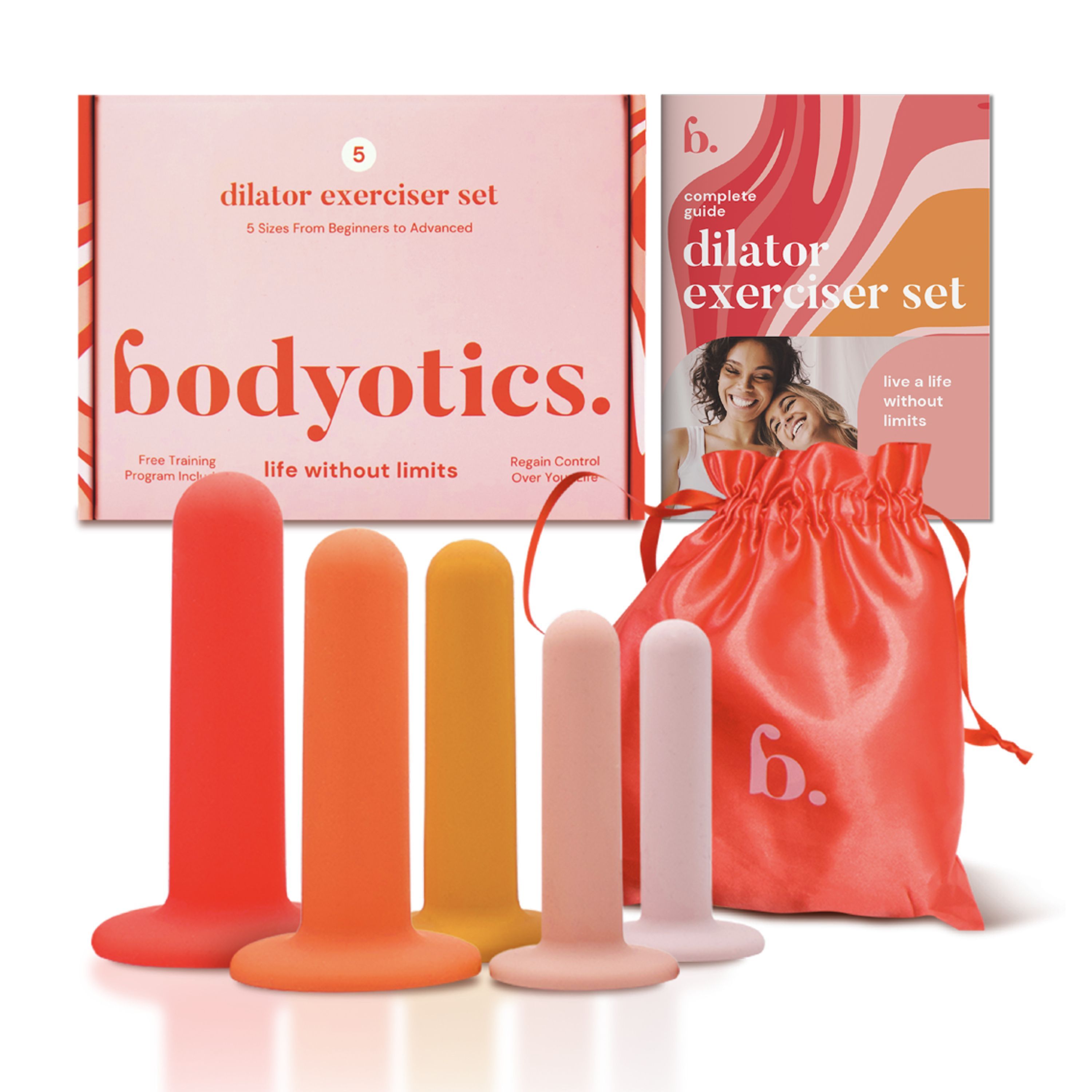 Bodyotics Dilatatoren-Set mit 5 Größen, Aufbewahrungsbeutel und Anleitung.