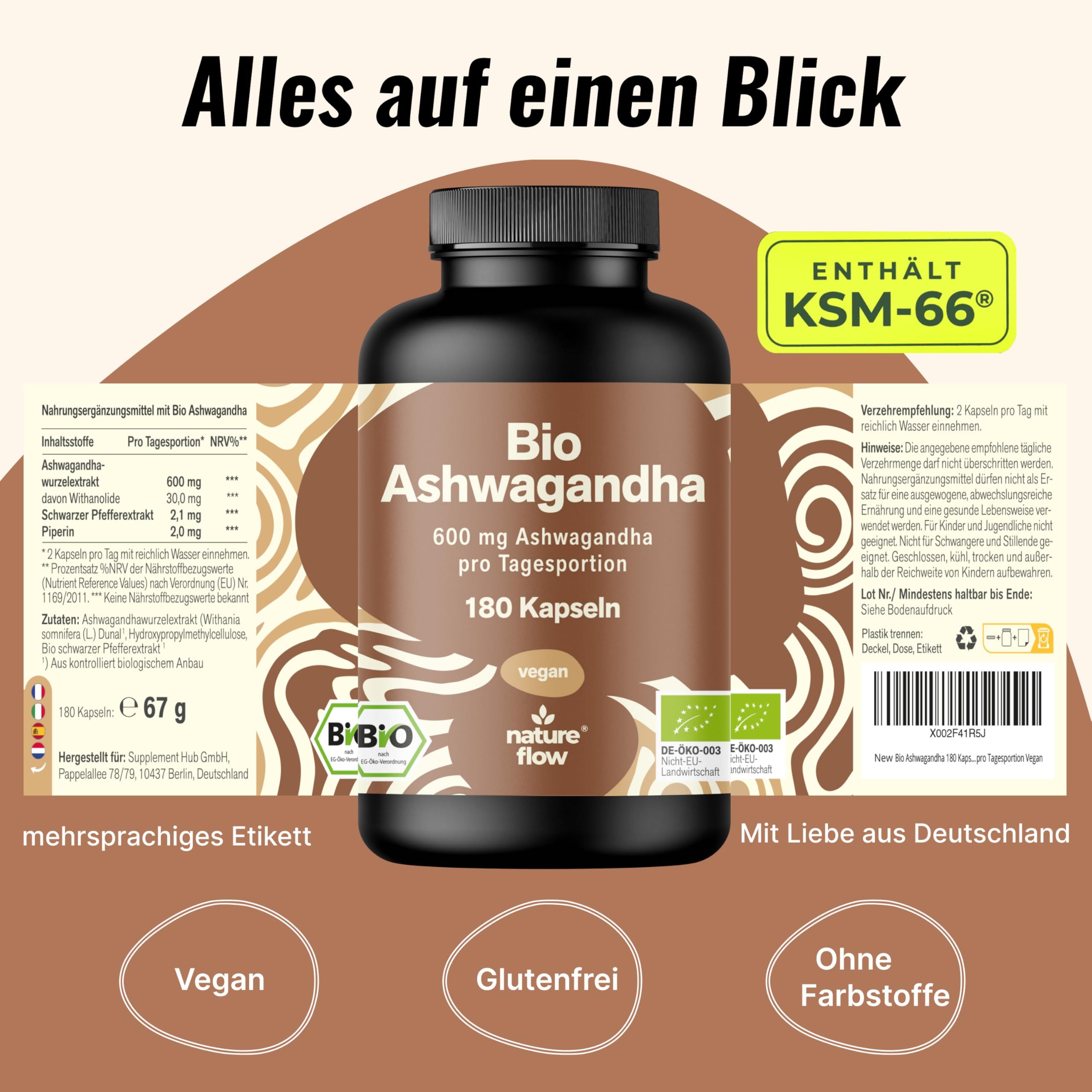 Bio Ashwagandha Hochdosiert - 180 Kapseln - KSM-66® - 3 Monate Vorrat - Nature Flow