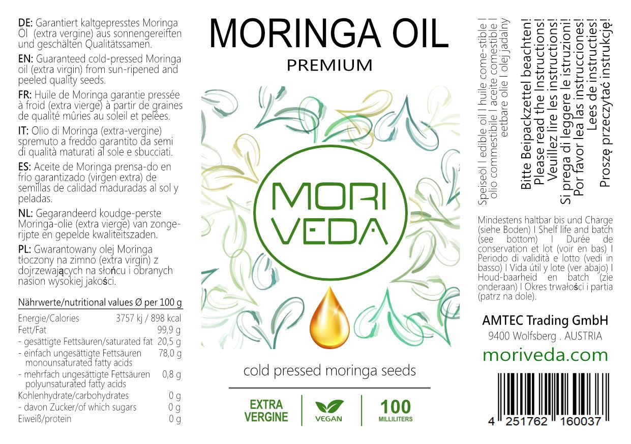 Etikett mit Text. Text: MORINGA OIL PREMIUM, MORI VEDA, extra vergine, vegan. Nährwertangaben. Herstelleradresse.