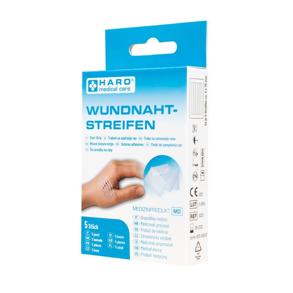 Haro Wundnahtstreifen-Verpackung. 5 Stück. Medizinprodukt. Hand mit Wunde und Streifen. Blaue und weiße Verpackung.