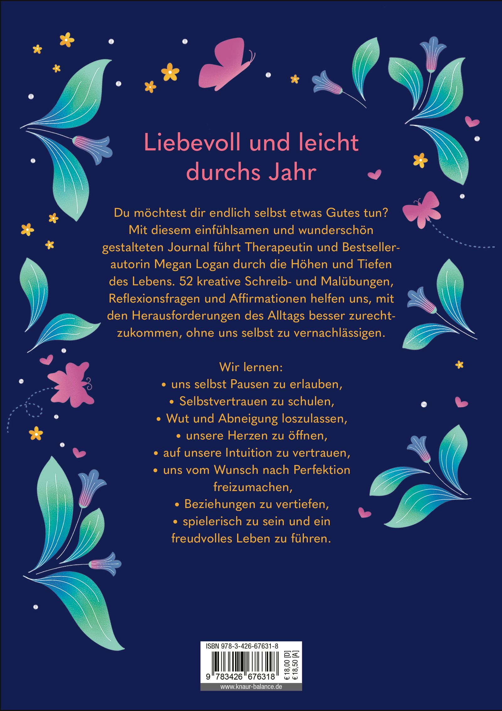 Buchrückseite mit Text. Titel: "Liebevoll und leicht durchs Jahr". Autorin Megan Logan. Verlag Knaur Balance. ISBN-Code und Preis.