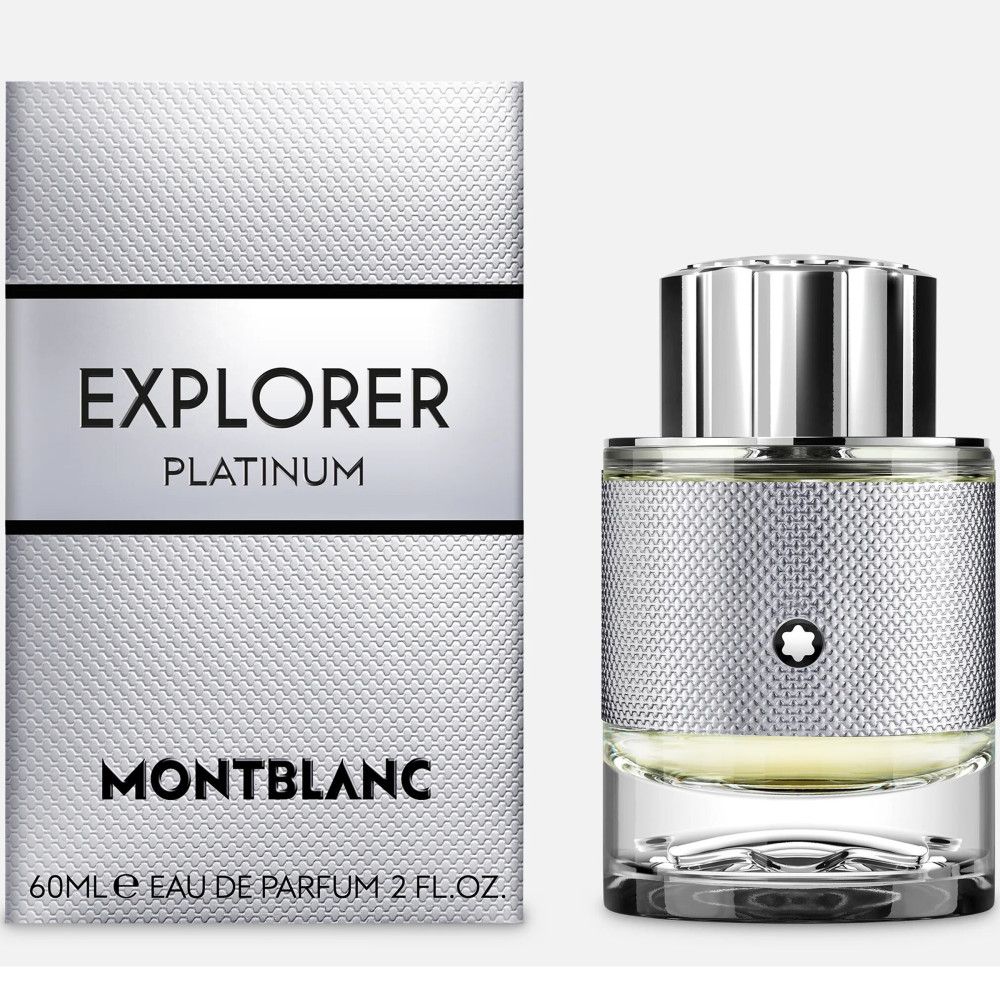 Montblanc Explorer Platinum EdP Nat. Spray. Flakon und Verpackung. Silberfarbener Flakon mit Logo und silberner Verpackung.